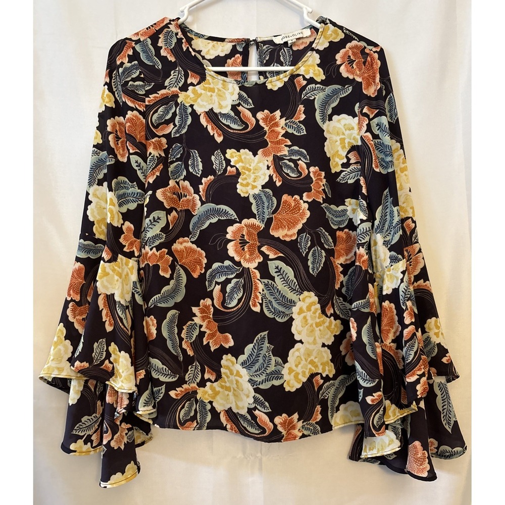 Rose & Olive Floral Bell Sleeve Key Hole Boho Blouse Women's Size S Multicolor